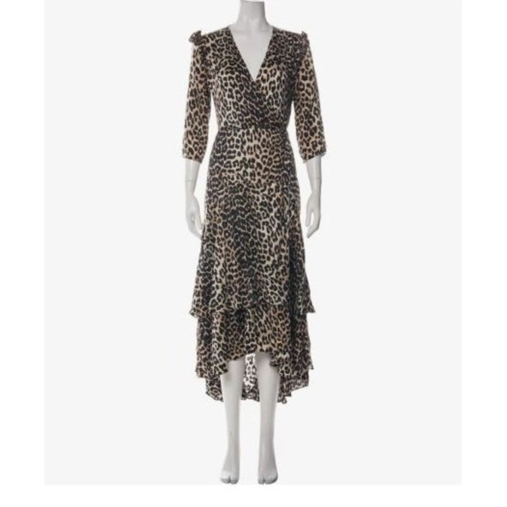 Ganni 100% Silk Leopard Cheetah Print Wrap Ruffle Midi Dress 40 / 8